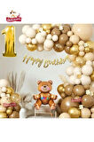 GOLD  RETRO RENK OTURAN AYI FOLYO BALONLU BALON ZİNCİR SET DOĞUM GÜNÜ PARTİ SETİ SÜSÜ