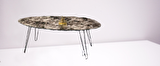 Orta sehpa OSM OVAL MODEL Parlak Ahşap mermer MDF tabla Metal V ayak El Yapım