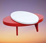 Orta Döner sehpa OVAL İNOVATİF Model Kayın Retro Ayak Mdf Tabla Parlak Beyaz ve Kırmız El Yapım