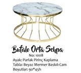 Bengi Brc BUFALO Sehpa Orta MODEL 1008 Beyaz Mermer TEMPER Cam Metal çelik GOLD renk kaplam El Yapım