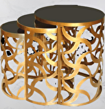 Bengi Zigon Zlf Sehpa CNC Rüzgar Gülü Model Metal Gold Renk Siyah Düz Cam Tabla El Yapım