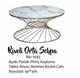 Bengi Brc RiVOLİ Orta Sehpa MODEL1045 Beyaz Mermer Desen Cam Metal Çelik Altın renk Kaplama Ayak El Yapım