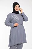 Kadın Baskılı Gri Renk Dokuma Viskon Büyük Beden Beden Tesettür Takım