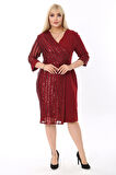 Kadın Büyük Beden Bordo Kol ve Ön Pul Payet Garnili Midi Boy Abiye Elbise