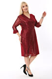 Kadın Büyük Beden Bordo Kol ve Ön Pul Payet Garnili Midi Boy Abiye Elbise