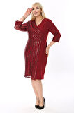 Kadın Büyük Beden Bordo Kol ve Ön Pul Payet Garnili Midi Boy Abiye Elbise