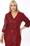 Kadın Büyük Beden Bordo Kol ve Ön Pul Payet Garnili Midi Boy Abiye Elbise