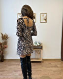 Yeni Sezon Kadın Kayık Yaka Leopar Baskılı Uzun Kollu Kadife Mini Elbise