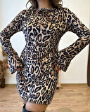 Yeni Sezon Kadın Kayık Yaka Leopar Baskılı Uzun Kollu Kadife Mini Elbise