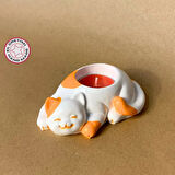 Uretti - Pınar 6606 - El Yapımı Turuncu - Beyaz Sevimli Kedi Tealight Mumluk - 6 x 10 cm