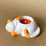 Uretti - Pınar 6606 - El Yapımı Turuncu - Beyaz Sevimli Kedi Tealight Mumluk - 6 x 10 cm