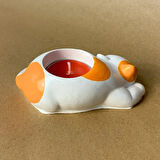 Uretti - Pınar 6606 - El Yapımı Turuncu - Beyaz Sevimli Kedi Tealight Mumluk - 6 x 10 cm