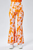 Maison La Femme Kadın Turuncu Desenli Yüksek Bel Esnek İspanyol Paça Tayt Pantolan