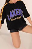 SİYAH LAKERS BASKILI OVERSİZE T-SHİRT