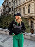 Siyah Disturb Nakışlı Sweatshirt