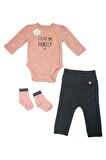 Bebek %100 Pamuk Pembe Puantiyeli Bodysuit, Ribana Tayt Ve Çorap Seti