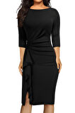 Kadın Büyük Beden Siyah Bodycon Fırfırlı Yırtmaçlı Büyük Beden Abiye Elbise