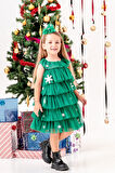 Kartanesi Detaylı Tokalı Kız Çocuk Noel Elbise