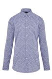 Lacivert Desenli Slim Fit Keten Gömlek | XS