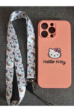 Iphone 14 Pro Max Hello Kitty Tasarım Pembe Lansman Telefon Boyun Askılı Set Kılıf