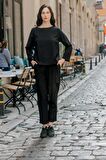 Barbora Keten Günlük Rahat Beli Kemerli Kadın İkili Takım Alt Üst LN01siyahd1