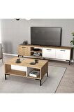 Mezza Set 1594-2084 Aurora 180 Cm Metal Ayaklı Tv Ünitesi + Aurora Orta Sehpa - Sepet-beyaz