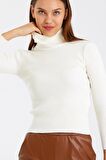 Kadın Boğazlı Balıkçı Yaka Fitilli Yünlü Triko Kazak Ekru