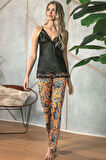 Kadın Saten Çiçek Baskılı Sabahlık Dantelli Atlet ve Pantolon Pijama 3'lü Takım