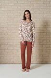Kadın Düğme Detaylı Üst  Kısmı Çiçek Desenli Uzun Kollu Pijama Takımı