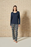 Kadın Düğme Detaylı Alt Kısmı Çiçek Desenli Uzun Kollu Pijama Takımı