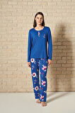 Kadın Düğme Detaylı Alt Kısmı Çiçek Desenli Uzun Kollu Pijama Takımı