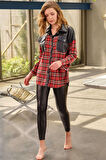 Kadın Pamuklu Ekose Çıtçıtlı Uzun Kol Cepli Gömlek ve Deri Görünümlü Tayt Takım