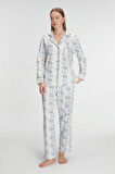 Kadın Açık Mavi Uzun Kollu Etnik Desenli Yaka Detaylı Önden Düğmeli Pijama Takımı