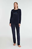 Kadın Lacivert Uzun Kollu Yazı Detaylı Polarlı Pijama Takımı