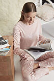 Kadın Gül Kurusu Uzun Kollu Çiçek Desenli Pijama Takımı