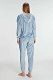 Kadın Mavi Uzun Kollu Kapüşonlu Polarlı Pijama Takımı