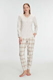 Kadın Bej Uzun Kollu Alt Kısmı Ekose Desenli Düğme Detaylı Pijama Takımı