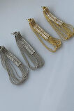 İthal Gold Renk Baget Taşlı Zincirli Küpe (5 Cm)