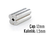 Neodyum Mıknatıs Silindir Çap 12mm , Kalınlık 1.5mm   ( 10 Adet)