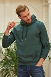 Erkek Kapüşonlu Comfort Fit Düz Sweatshirt Yeşil