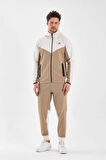 Erkek Kapüşonlu Fermuar Kapamalı Cepli Lastikli Paça Bej Krem Eşofman Takımı - 7763