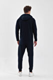 Erkek Double Face Kapüşonlu Fermuar Kapamalı Cepli Lastikli Paça Lacivert Eşofman Takımı - 7763