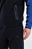 Erkek Dobule Face Kapüşonlu Fermuar Kapamalı Cepli Lastikli Paça Lacivert Saks Eşofman Takımı - 7763