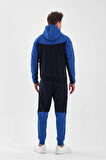 Erkek Dobule Face Kapüşonlu Fermuar Kapamalı Cepli Lastikli Paça Lacivert Saks Eşofman Takımı - 7763