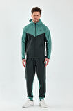 Erkek Double Face Kapüşonlu Fermuar Kapamalı Cepli Lastikli Paça Petrol Yeşil Eşofman Takımı - 7763