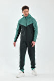 Erkek Double Face Kapüşonlu Fermuar Kapamalı Cepli Lastikli Paça Petrol Yeşil Eşofman Takımı - 7763