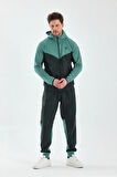 Erkek Double Face Kapüşonlu Fermuar Kapamalı Cepli Lastikli Paça Petrol Yeşil Eşofman Takımı - 7763