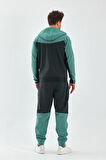 Erkek Double Face Kapüşonlu Fermuar Kapamalı Cepli Lastikli Paça Petrol Yeşil Eşofman Takımı - 7763