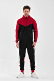 Erkek Double Face Kapüşonlu Fermuar Kapamalı Cepli Lastikli Paça Siyah Kırmızı Eşofman Takımı - 7763
