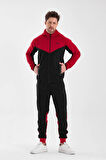 Erkek Double Face Kapüşonlu Fermuar Kapamalı Cepli Lastikli Paça Siyah Kırmızı Eşofman Takımı - 7763